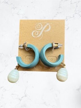 Plunder Aqua Blue Hoop Earrings with Pearl Drop NWT Set of Two